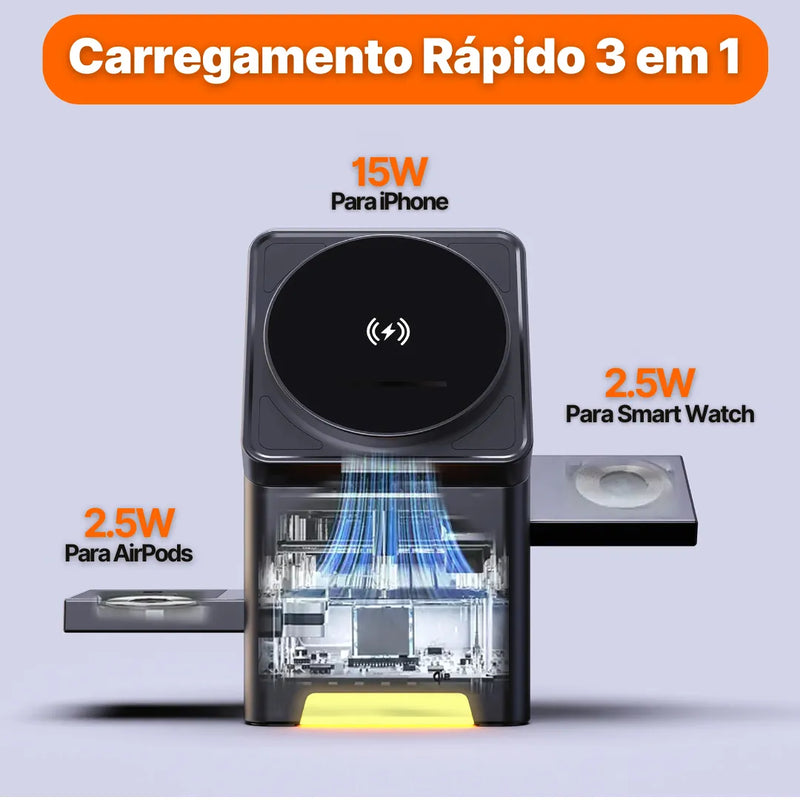 Carregador 3 em 1 com Carregamento Rápido de 15W para iPhone, Apple Watch e AirPods | Innova Fácil