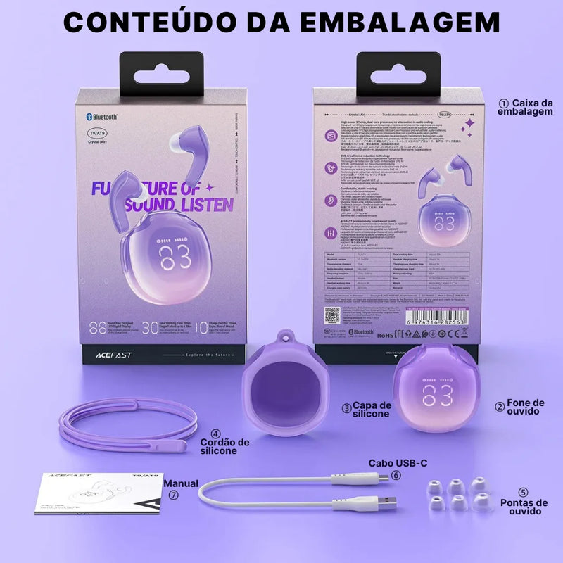 Fone Bluetooth Cristal ACEFAST T9 Com Som Natural e Bateria de 30H | Innova Fácil