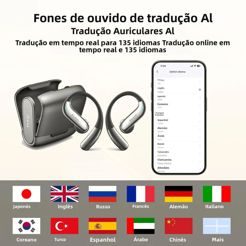 Fone Bluetooth HTC23 com Tradução por App, Som Envolvente e Controle Touch | Innova Fácil