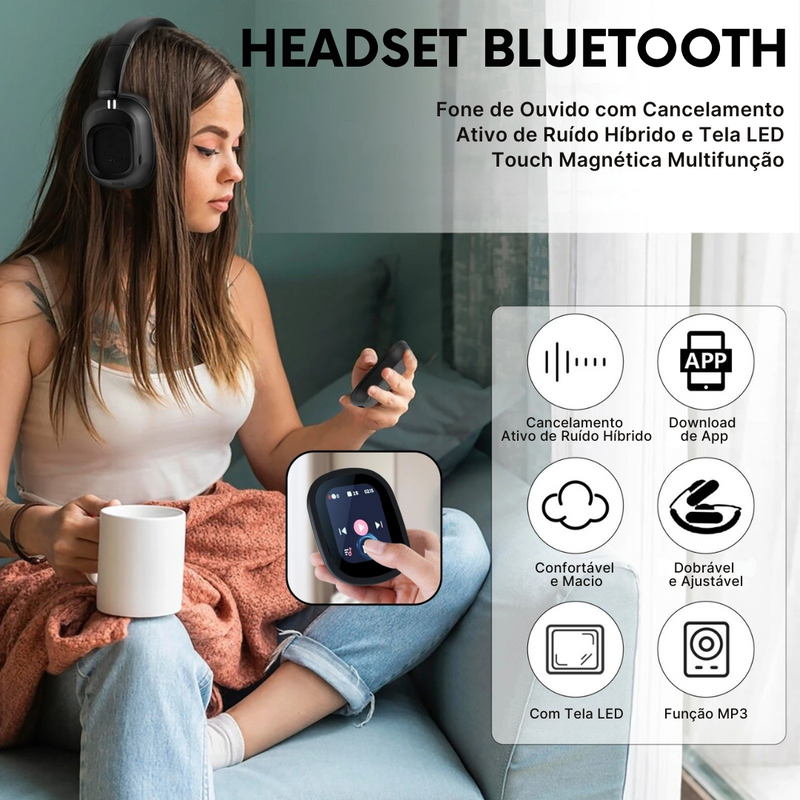 Headset Bluetooth Siindoo com Cancelamento de Ruído Ativo e Tela LED Touch | Innova Fácil