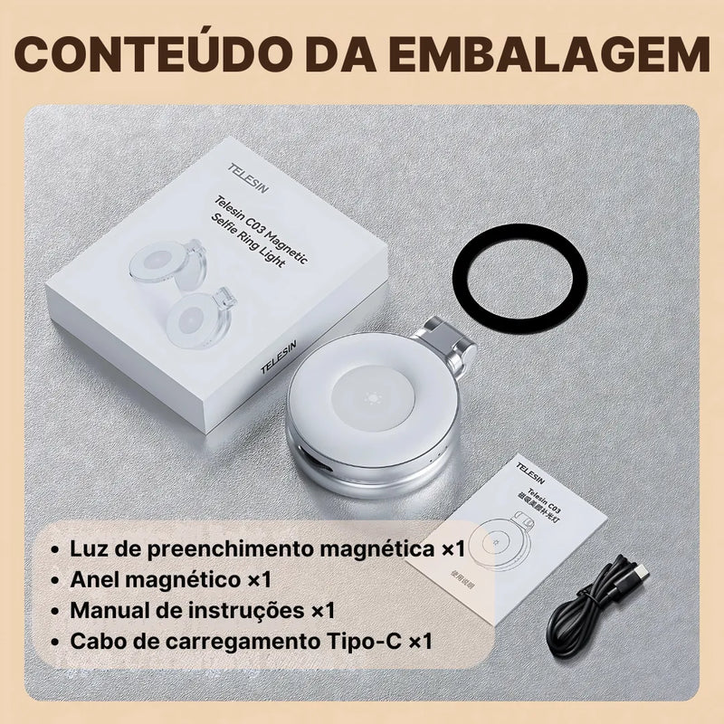 Luz de Preenchimento Magnética TELESIN Magsafe 360° com Espelho e 3 Modos de Iluminação | Innova Fácil